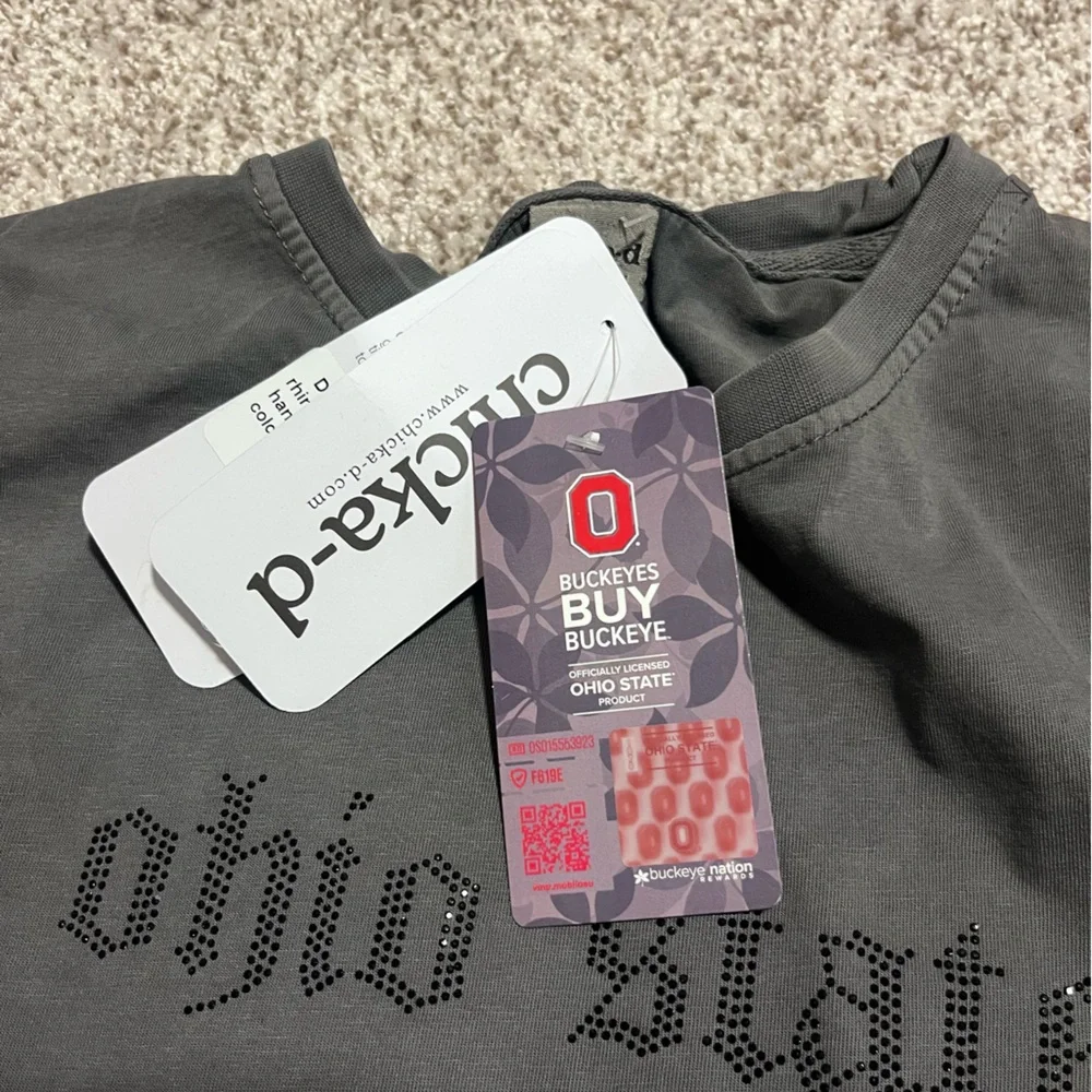 Ohio State Cropped T-Shirt Gray Rhinestone Logo Short Sleeve Top Size Medium NWT - Picture 7 of 10